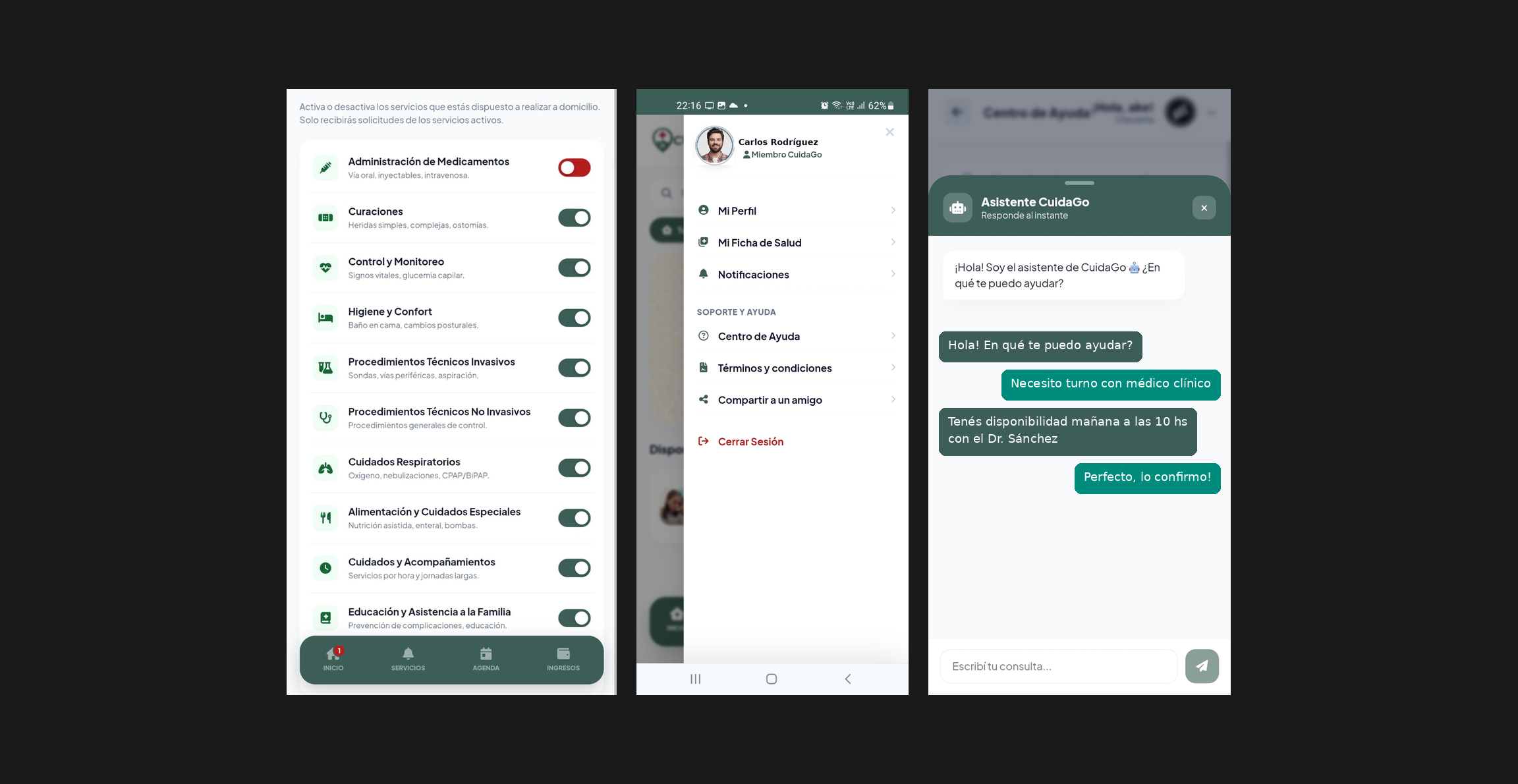 CuidaGo — app móvil pantallas principales